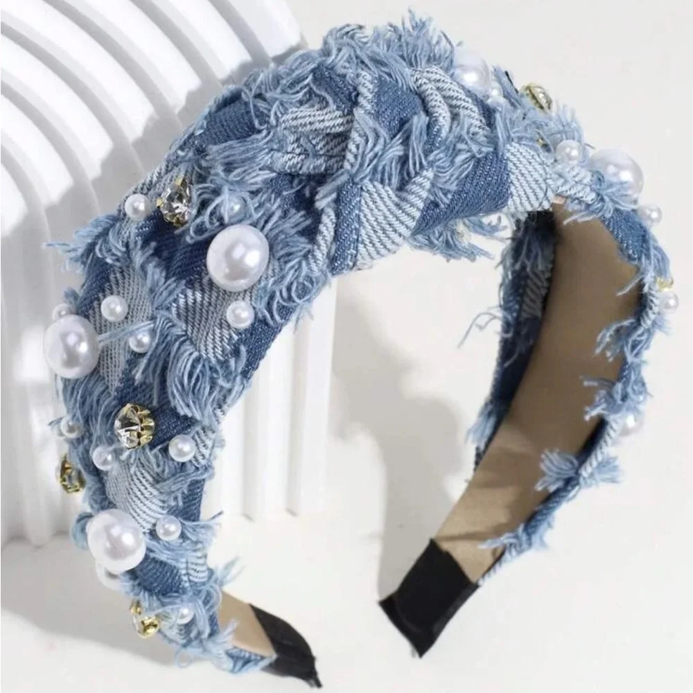 Royal 1pc Women Faux Pearl & Rhinestone Decor Knot Design Fashionable Headband